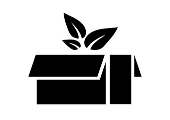 Sustainable recycle cardboard box with black leaves isolated on white background. Simple biodegradable packaging pictogram. Vector flat design illustration.
