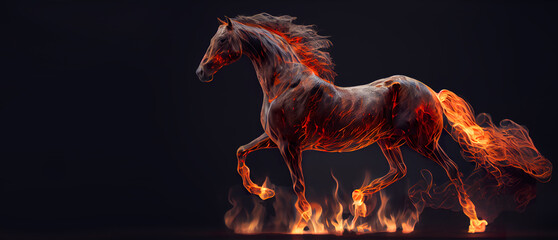Fire Arabian Horse , A Symbol of Power, SPEED AND Grace and Sensitivity in a panorama with negative space for texting  for business success banner generative ai  