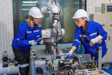 Female robotic factory workers use tablet pc quality checking Circuit Boards after assembly