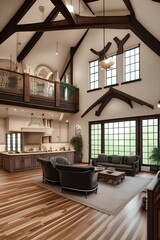 Fototapeta na wymiar Beautiful and large living room interior with hardwood floors and vaulted ceiling in new luxury home. View of Kitchen, entryway, and second story loft style area - generative ai