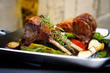 Rack of lamb with garlic, rosemary, and spices. Homemade food.