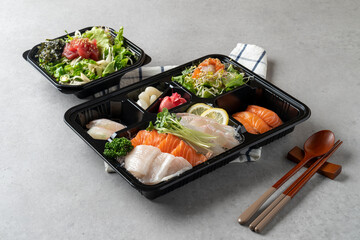 Korean food dish Salmon flounder sashimi lunch box