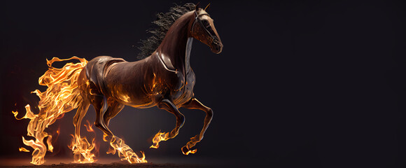 Fire Arabian Horse , A Symbol of Power, SPEED AND Grace and Sensitivity in a panorama with negative space for texting  for business success banner generative ai