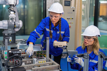 Female robotic factory workers use tablet pc quality checking Circuit Boards after assembly