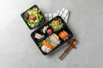 Korean food dish Salmon flounder sashimi lunch box