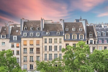 Paris, typical buildings in the Marais, aerial view from the Pompidou center, sunset
