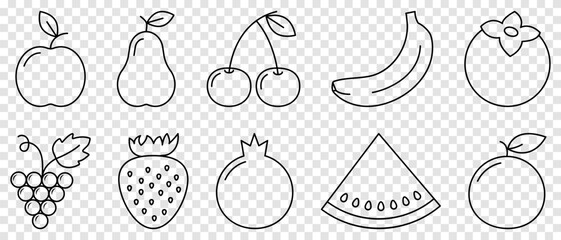 fruit, icon, vector, line, food, apple, pear, cherry, banana, grape, strawberry, pomegranate, watermelon, orange, persimmon, outline, stroke, set, nutrition, health, citrus, thin, vitamin, healthy, or