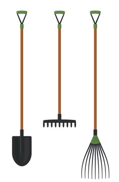 Large agricultural tool shovel, rake and pitchfork