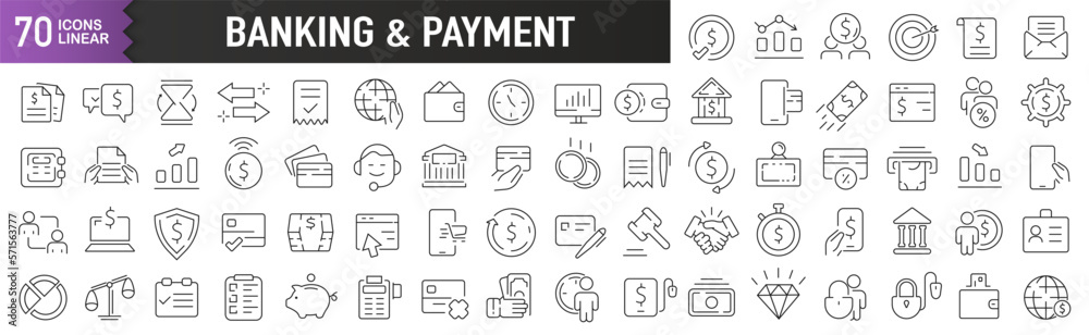 Poster banking and payment black linear icons. collection of 70 icons in black. big set of linear icons