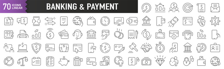 Banking and payment black linear icons. Collection of 70 icons in black. Big set of linear icons