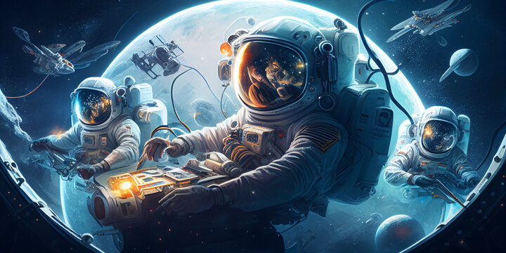 A group of astronauts floating in zero gravity, surrounded by the stars and planets of deep space, as they work on repairing their spacecraft. Generative Ai