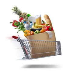 Fast flying shopping cart delivering groceries - obrazy, fototapety, plakaty