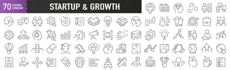 Startup and growth black linear icons. Collection of 70 icons in black. Big set of linear icons