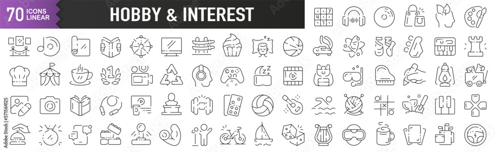 Poster hobby and interest black linear icons. collection of 70 icons in black. big set of linear icons