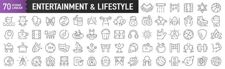 Entertainment and lifestyle black linear icons. Collection of 70 icons in black. Big set of linear icons