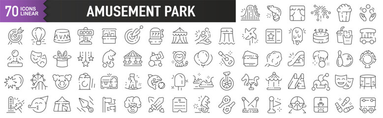 Amusement park black linear icons. Collection of 70 icons in black. Big set of linear icons