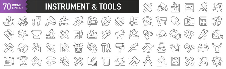 Instrument and tools black linear icons. Collection of 70 icons in black. Big set of linear icons
