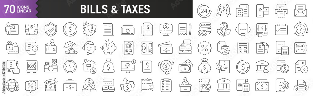 Poster bills and taxes black linear icons. collection of 70 icons in black. big set of linear icons