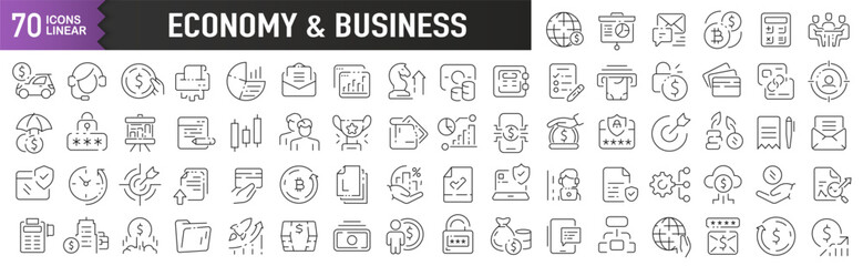 Economy and business black linear icons. Collection of 70 icons in black. Big set of linear icons