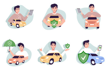 Car insurance coverage concept. Automobile protection, security, safety set. People protecting car with insurance and signing form with red auto.