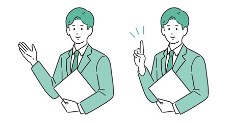 ファイルを持ちながら説明する男性イラスト