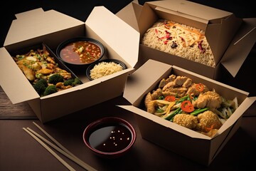 Restaurant asian food delivery in take away boxes. Generative AI