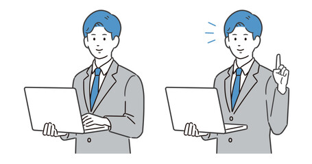 パソコンを持ちながら説明する男性イラスト