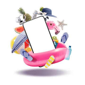 Smartphone, inflatable flamingo and beach accessories