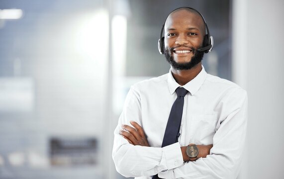 Customer support portrait, happy and black man consulting on telemarketing, contact us CRM or telecom. Call center communication, e commerce mockup and information technology consultant on microphone