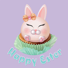 Cute Easter bunny, rabbit cupcake with a gold bow and the text Happy Easter