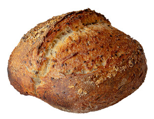 Fresh whole grain sourdough bread with flax seeds on a white background, healthy food concept...