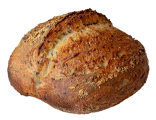 Wandcirkels plexiglas Fresh whole grain sourdough bread with flax seeds on a white background, healthy food concept unleavened bread, isolate. © VIKTORIIA DROBOT