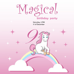 Invitation to the children's birthday of a girl of 9 year old. A pony with a pink mane, a rainbow and clouds. Vector illustration with pink gradient