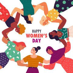 Fototapeta na wymiar Happy Women's Day banner concept. Vector cartoon illustration of young happy women of different ethnicity and nationalities hugging each other in a circle. Isolated on white