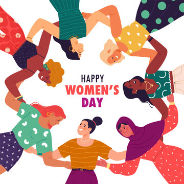 Happy Women's Day Banner Concept. Vector Cartoon Illustration Of Young Happy Women Of Different Ethnicity And Nationalities Hugging Each Other In A Circle. Isolated On White