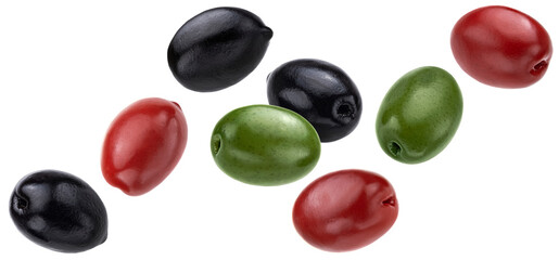 Falling olives mix isolated on white background