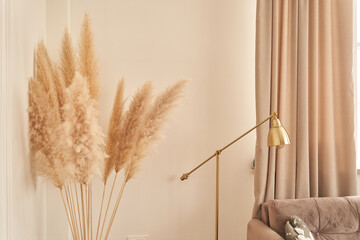 Eco-friendly Scandinavian-style home decoration. The interior of the living room, modern furniture with fashionable dried flowers, a light sofa and a floor lamp. With space to copy. High quality photo
