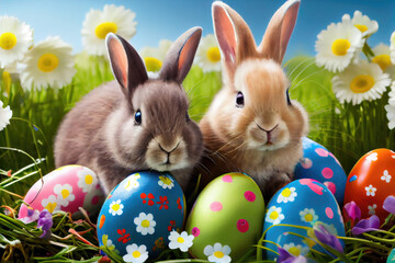 Bunnies with Easter eggs on a flowery meadow