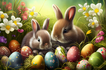 Bunnies with Easter eggs on a flowery meadow