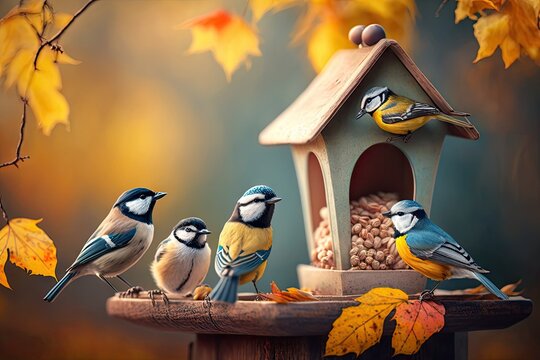 Group of little birds perching on a bird feeder on autumn background. Generative AI