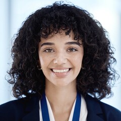 Business woman, portrait and happy with success and professional headshot, corporate goals with...