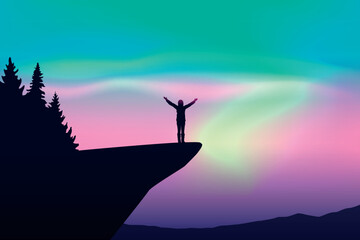 girl on a cliff looks in the colorful starry sky with aurora borealis