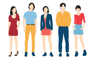 Fototapeta premium Set of young men and women, different colors, cartoon character, group of silhouettes of standing business people, students, the design concept of flat icon, isolated on white background