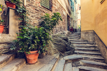 Fototapeta na wymiar Old Italian street with stairs in Vernazza, Italy