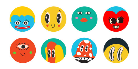 Set of Vector highlight covers. Collection of elements in trendy retro cartoon style. Hand drawn templates. Round icons for social media stories. Perfect for bloggers