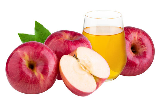 Red apple and apple juice isolated on a transparent background.