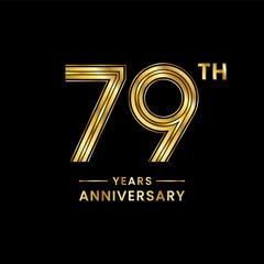 79th  Anniversary logo design with golden numbers and text for anniversary celebration event, invitation, wedding, marriage, greeting card, banner, poster, flyer, brochure. Logo Vector Template