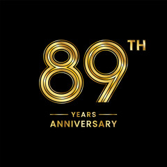 89th  Anniversary logo design with golden numbers and text for anniversary celebration event, invitation, wedding, marriage, greeting card, banner, poster, flyer, brochure. Logo Vector Template