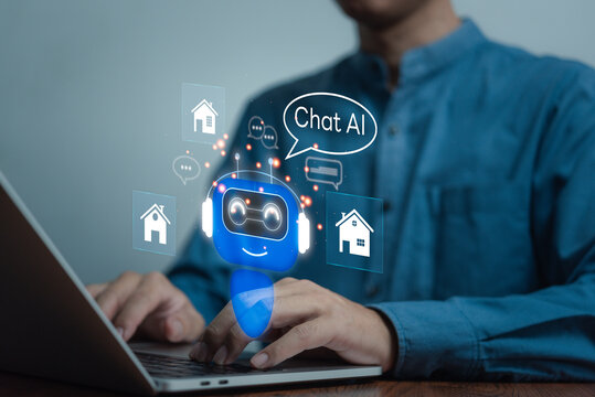 Chatbot conversation Ai Artificial Intelligence technology online. Chat boss AI analysis Find information and answer questions about the real estate sales program. robot application, OpenAI generate.