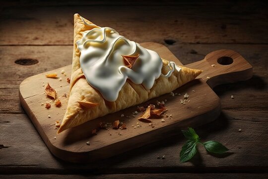 On a wooden board, a fatayer pie samosa with white cheese and meat. Closeup. Generative AI